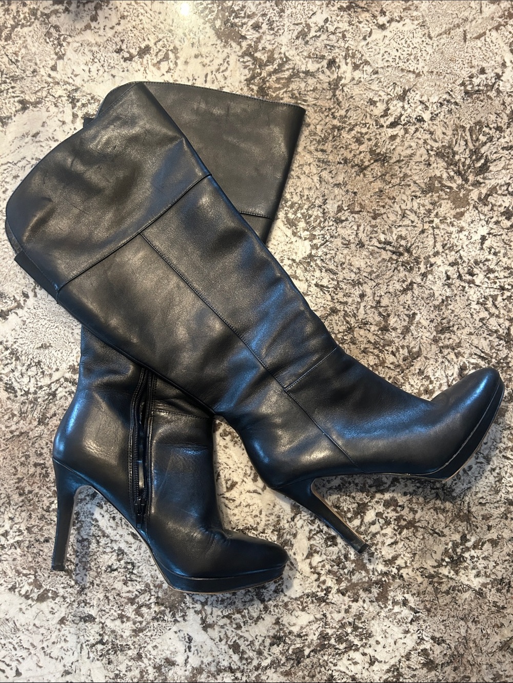 Audrey Brooke Black Leather Knee-High Stiletto Boots